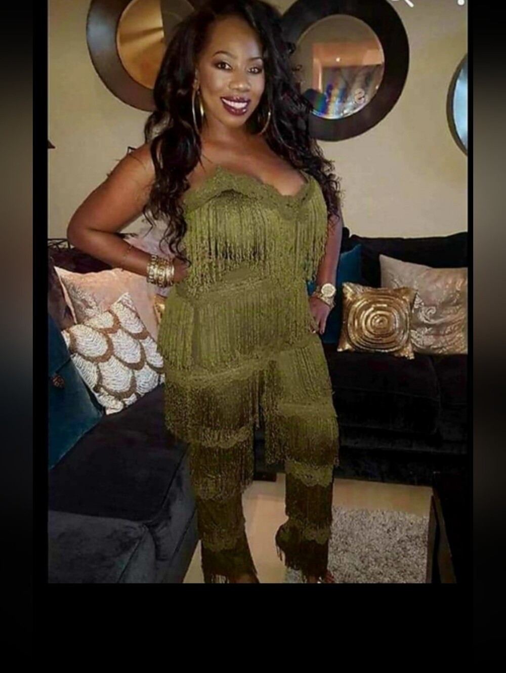 Green fringe large v-neck jumpsuit (Worn Once)